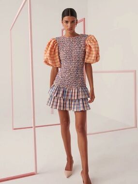 Plaid Smocked Mini Dress with Puff Sleeves in Peach